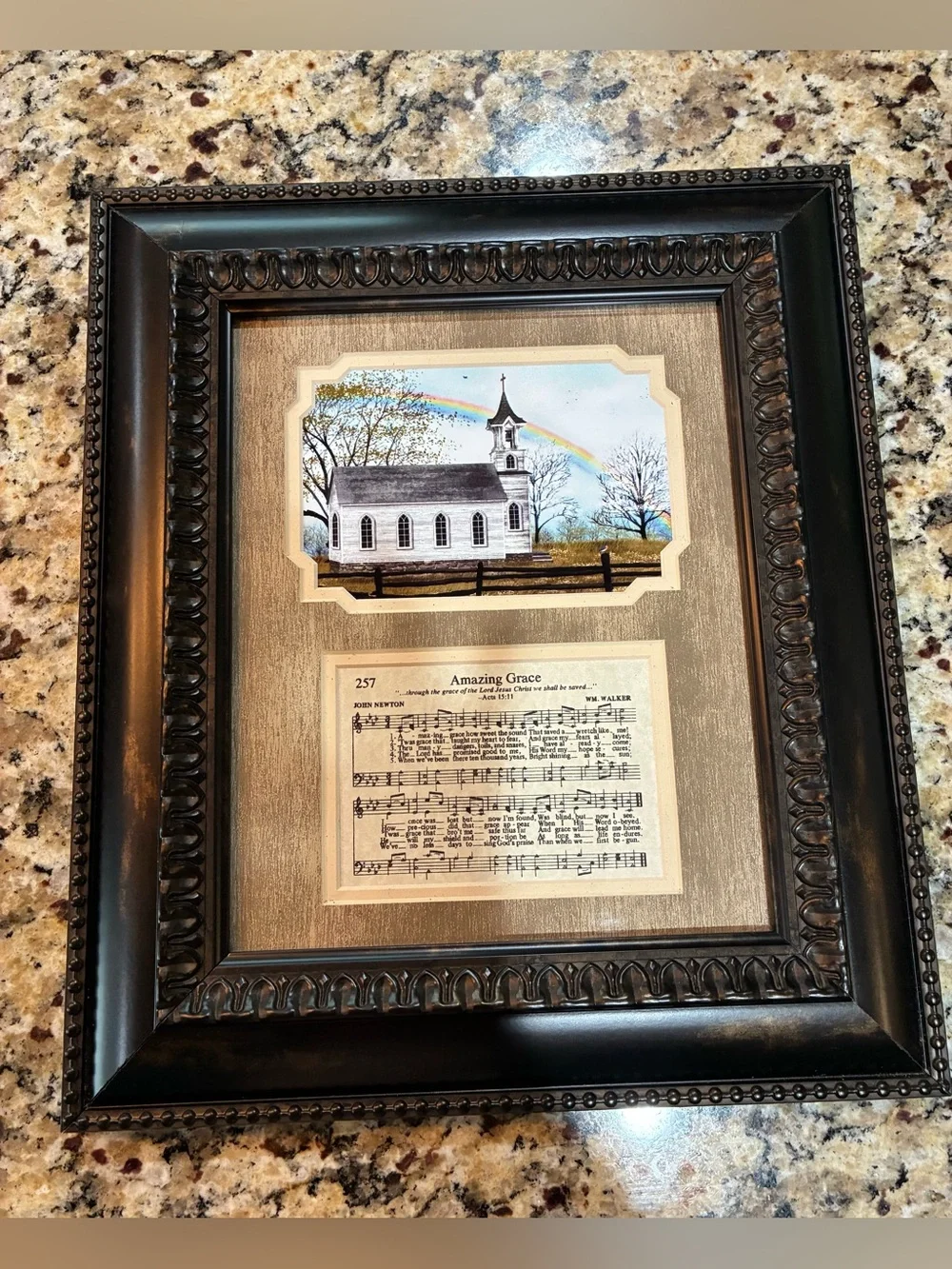 Bronze Color Framed Church Art Print with 'Amazing Grace' Sheet Music